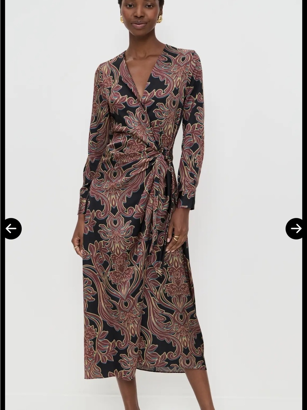 MISA Black Paisley Wrap Midi Dress - Elegant Long Sleeve